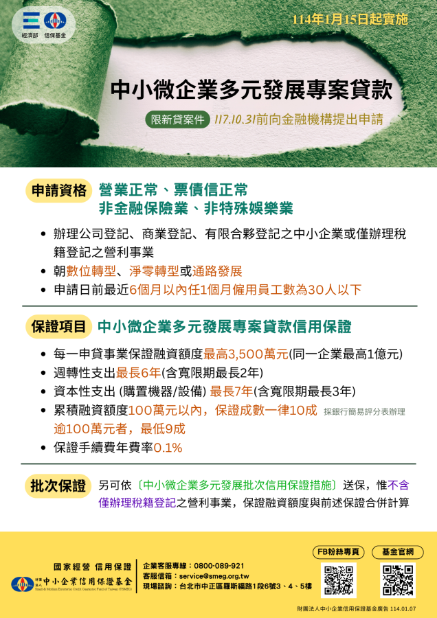 中小微企業多元發展專案貸款信用保證114.01.07