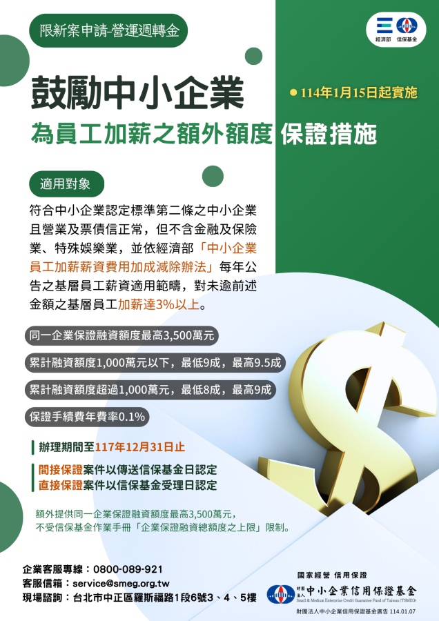 鼓勵中小企業為員工加薪之額外額度保證措施114.01.07