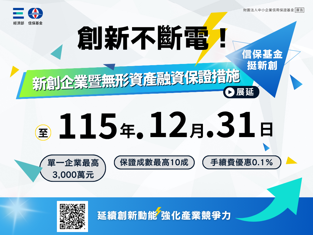 信保基金「新創企業暨無形資產融資信用保證措施」展延至115 年底！-財團法人中小企業信用保證基金
